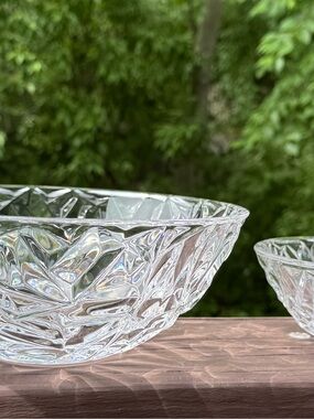 Tiffany & Co. Rock Cut Crystal Serving Bowl Set and Votive Candle Holder.
